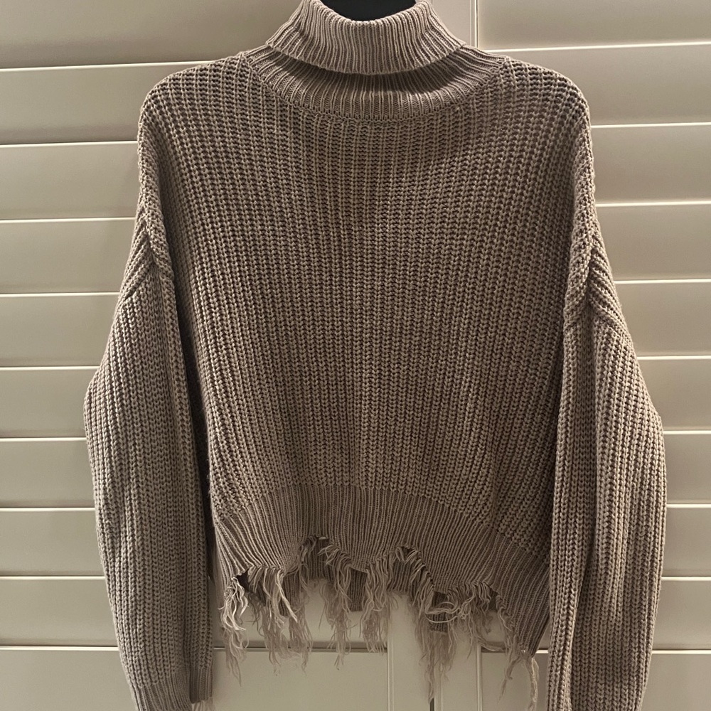 Just Polly Frayed Hem Tan Sweater Turtleneck